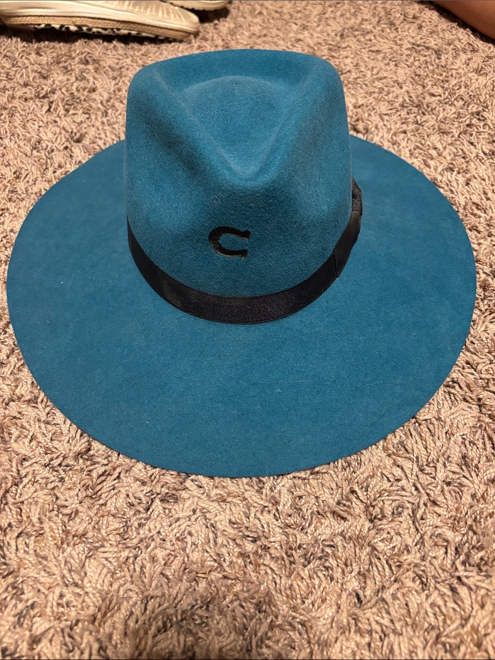 Wide-Brim Felt Fedora Hat in Teal with Black Band